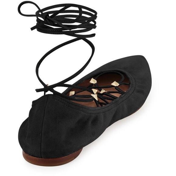 Valentino Black Suede Gold Rockstud Lace Up Ankle-Wrap Pointed Ballet Flat - Picture 10 of 10